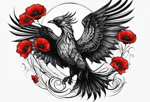 abstract pheonix holding red poppies in flight tattoo idea