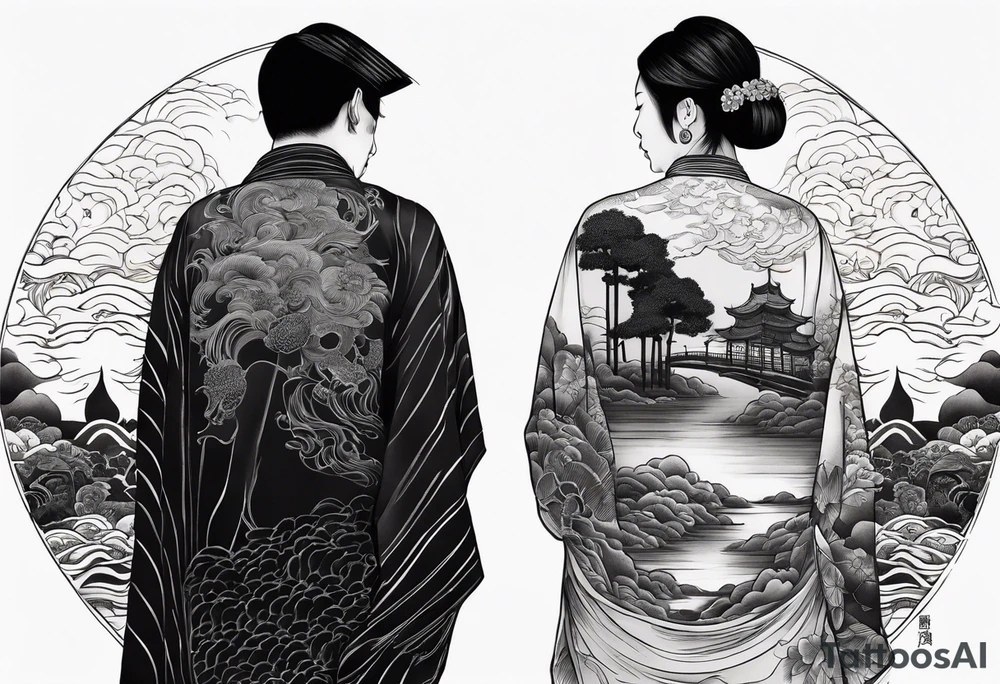 2 Black shadows of people standing over 2 black shadows of dead people tattoo idea