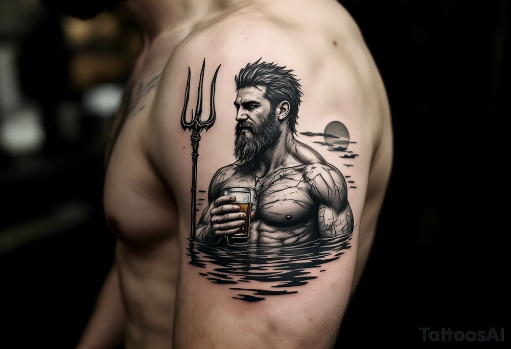 young, happy, fit, short hair, poseidon in calm water, holding a trident, drinking a beer, with sunset, with ski boat tattoo idea