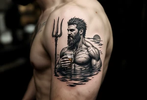 young, happy, fit, short hair, poseidon in calm water, holding a trident, drinking a beer, with sunset, with ski boat tattoo idea