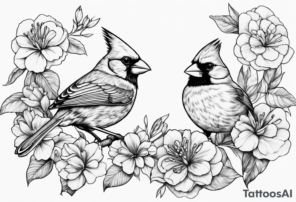Flowers, 2 birds, cardinal hiraeth tattoo idea