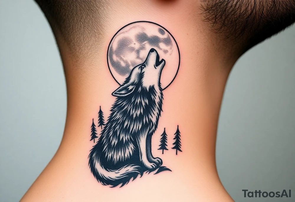 lone wolf howling at full moon with northern lights backdrop tattoo idea