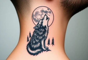 lone wolf howling at full moon with northern lights backdrop tattoo idea