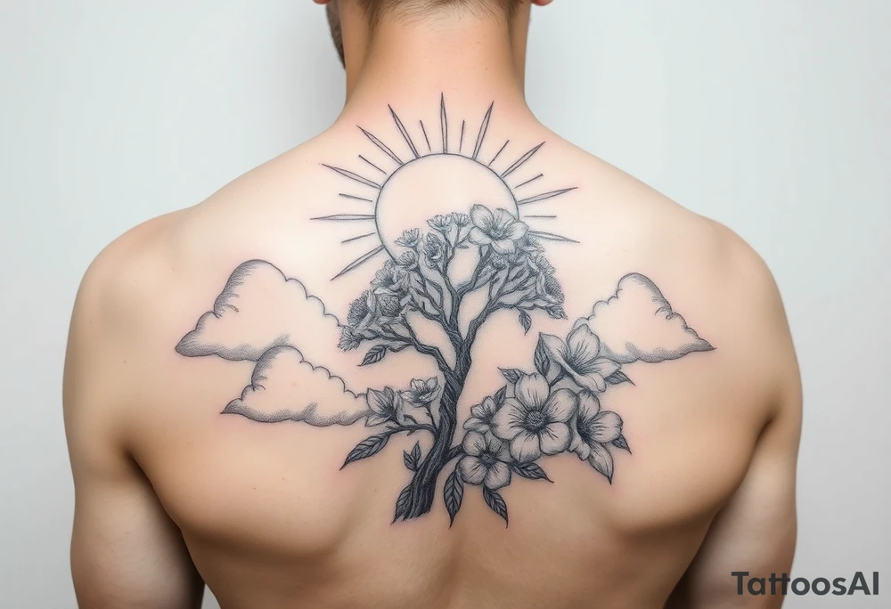 sun 
 surrounding by clouds, tree blooming with flowers on the shoulder tattoo idea
