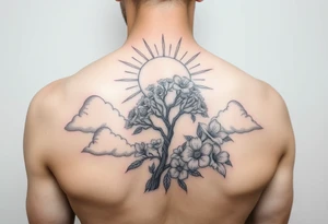 sun 
 surrounding by clouds, tree blooming with flowers on the shoulder tattoo idea
