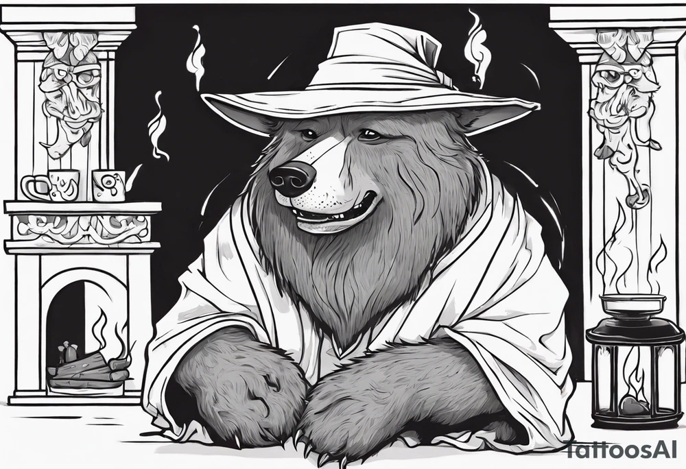 a medieval dog-bear hybrid with a long grey beard wearing a tunic and a floppy hat sitting on a bench by a fireplace drinking from a wood cup, smiling tattoo idea