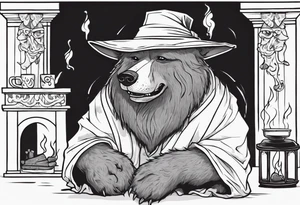 a medieval dog-bear hybrid with a long grey beard wearing a tunic and a floppy hat sitting on a bench by a fireplace drinking from a wood cup, smiling tattoo idea