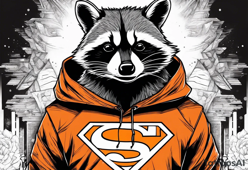 Raccoon wearing an orange Superman hoodie tattoo idea