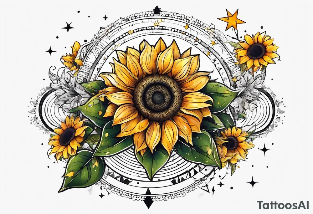 elegant small tattoo for hand with sunflower surrounded by circle of little stars and arrow tattoo idea