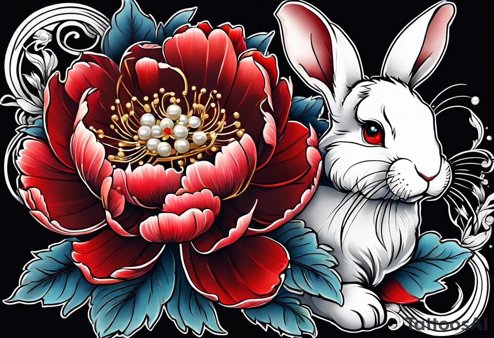 Red peony with pearl necklace and a rabbit tattoo idea
