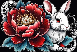 Red peony with pearl necklace and a rabbit tattoo idea