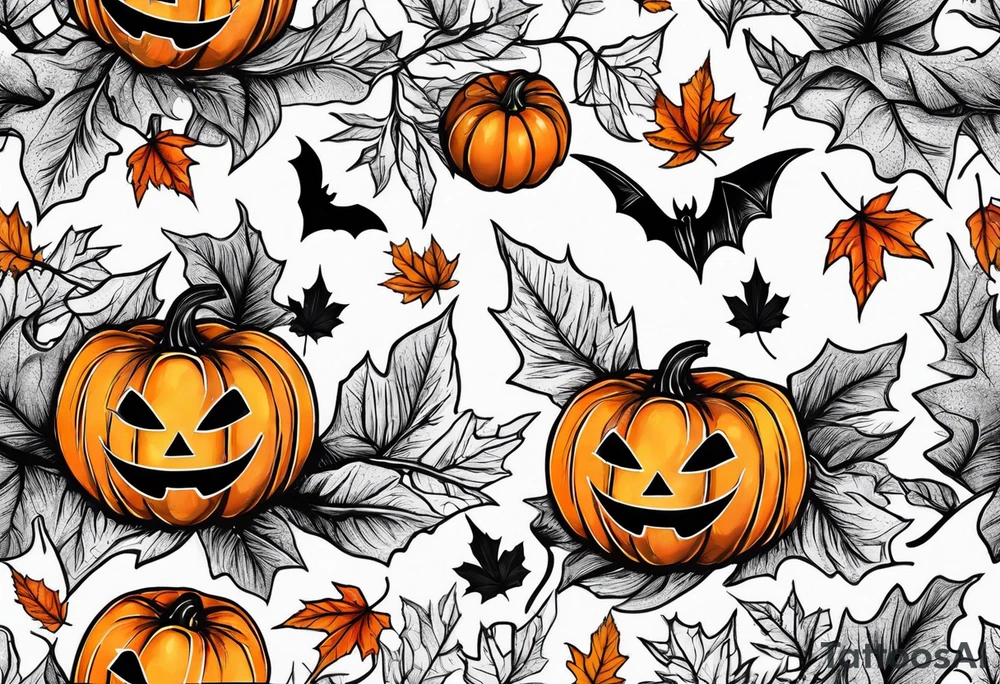 Halloween theme jack-o’-lantern ghost fall leaves bats tattoo idea