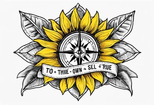Sunflower and a compass, with the words "To Thine Own Self Be True" tattoo idea