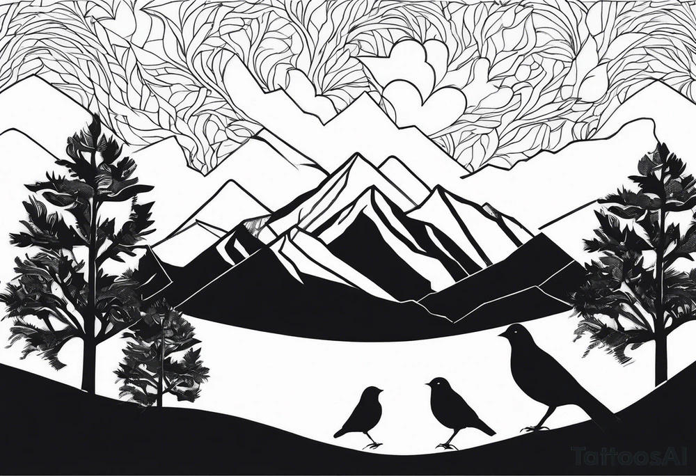 A mountain scape with trees. 5 silhouettes of birds.  All black tattoo idea