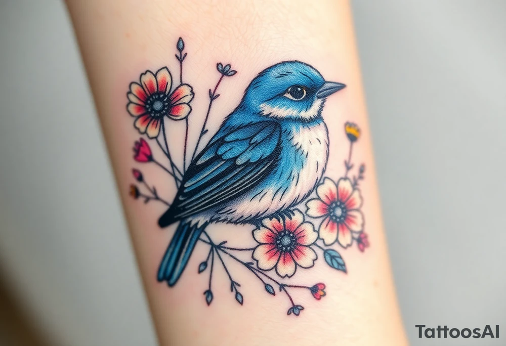 Puffy bluebird surrounded by wild flowers tattoo idea