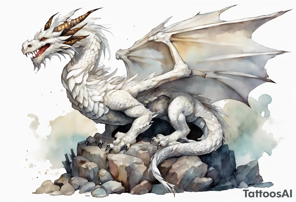 a white bird-dragon hybrid, wearing a iron crown, perched on a stone tattoo idea
