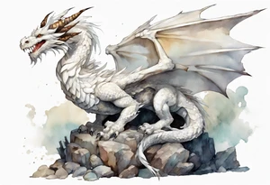a white bird-dragon hybrid, wearing a iron crown, perched on a stone tattoo idea