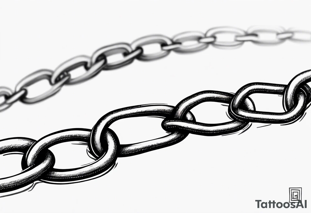 Create a tattoo sketch in a realistic style, depicting a straight chain lying horizontally on a white background. The chain links should be identical in size, evenly spaced, and perfectly aligned from a top-down view. Focus on capturing the metallic texture, reflections, shadows, and signs of wear on each link for a lifelike effect. tattoo idea