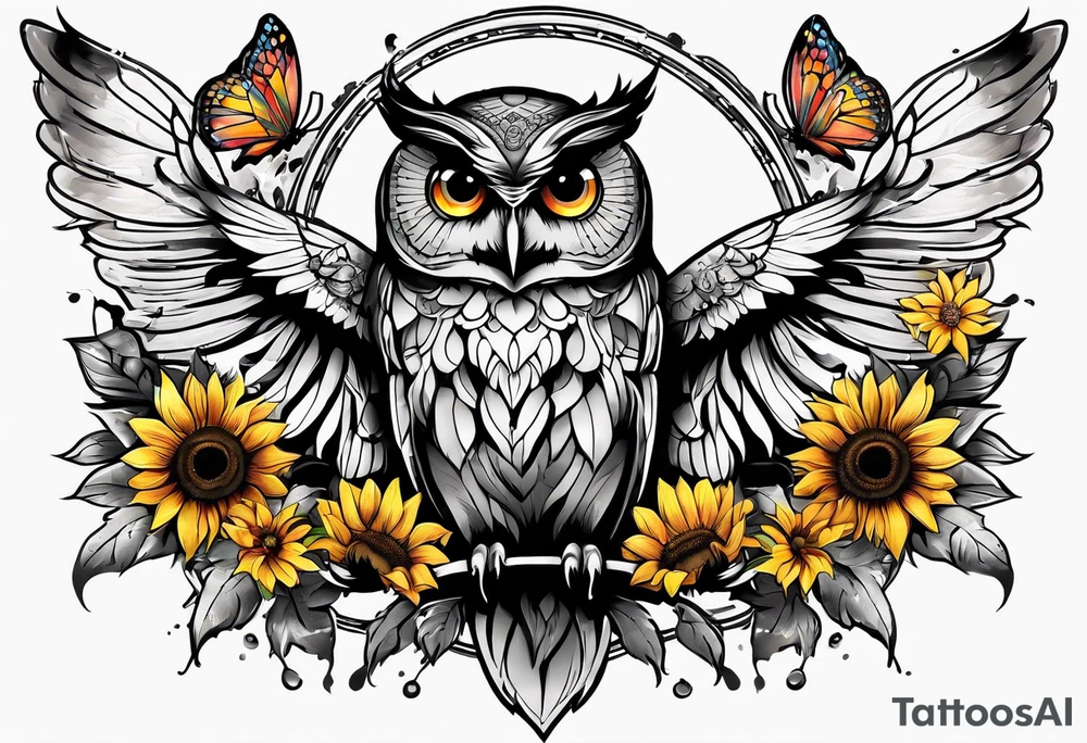 Sleeve with an owl, sunflower and butterfly tattoo idea