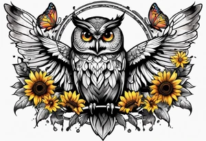 Sleeve with an owl, sunflower and butterfly tattoo idea