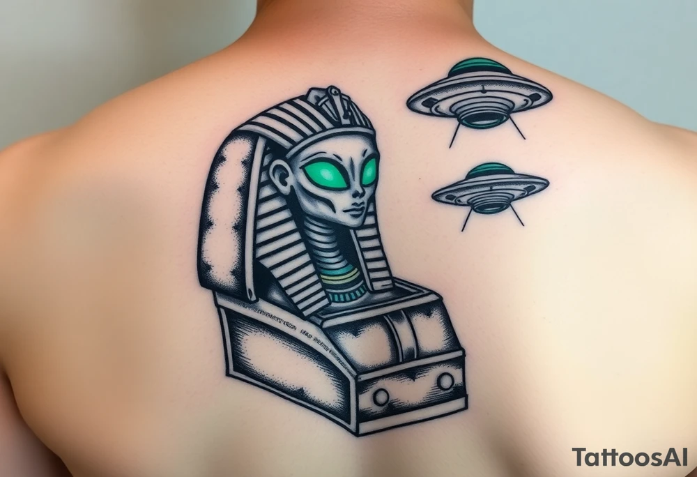 "Pharaoh's sarcophagus opening to reveal a grey alien. Floating UFOs are shaped Impalas (lowrider style).  

Style: Neo-traditional tattoo with glitch effects. Colors: turquoise/black/neon green." tattoo idea