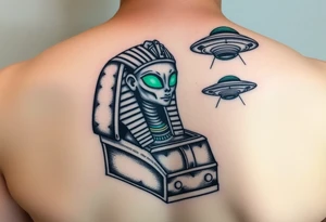 "Pharaoh's sarcophagus opening to reveal a grey alien. Floating UFOs are shaped Impalas (lowrider style).  

Style: Neo-traditional tattoo with glitch effects. Colors: turquoise/black/neon green." tattoo idea
