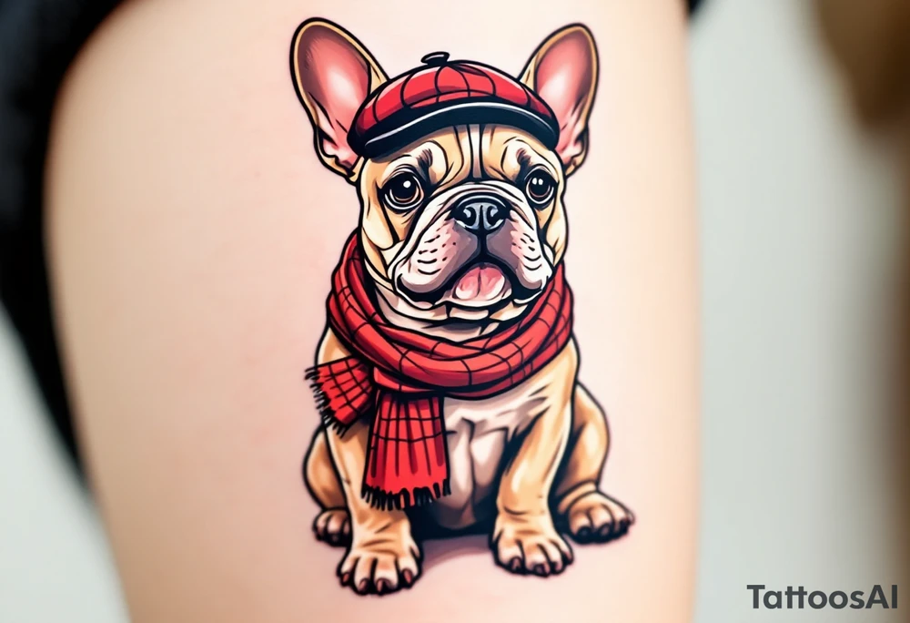 French Bulldog wearing a beret and red scarf, sitting proudly like a Parisian icon, with fawn-colored fur and a cheeky expression. tattoo idea