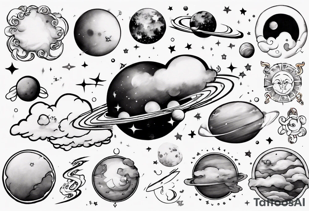 a cloud with planets and the date 12.08.05 tattoo idea
