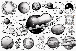 a cloud with planets and the date 12.08.05 tattoo idea