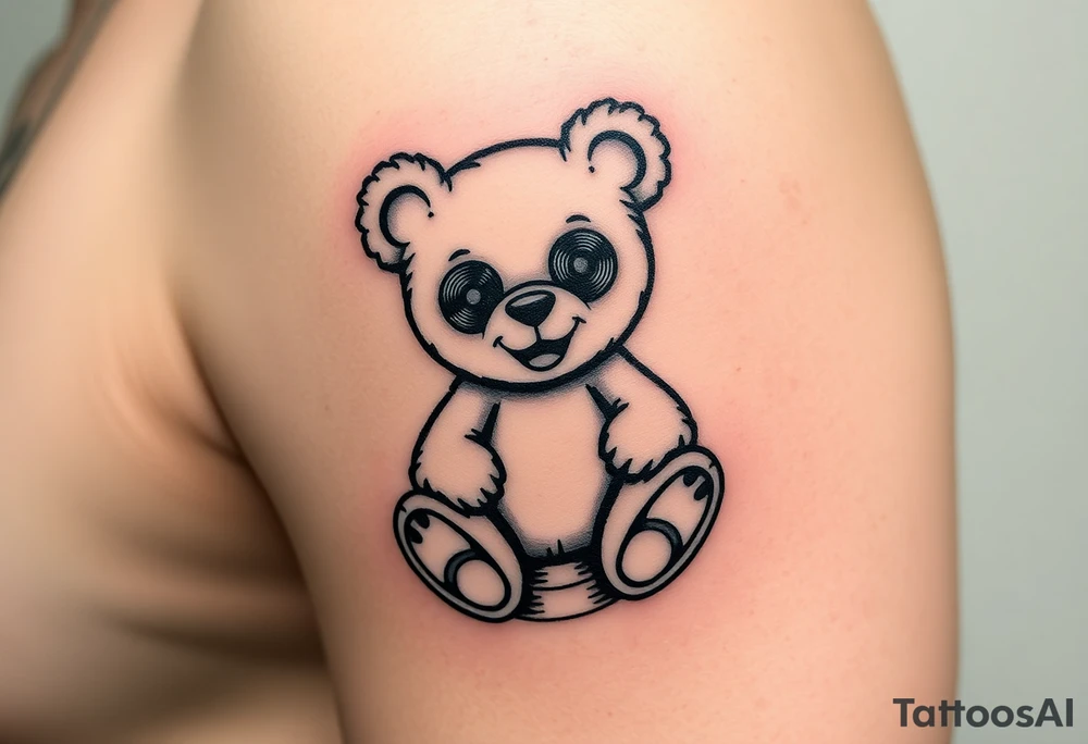 minimalist teddy bear with vinyl records as eyes smiling and sitting on a record tattoo idea
