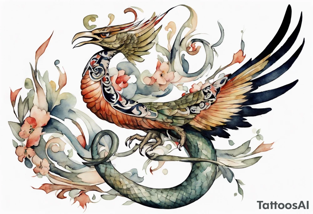 a watercolor of a bird-serpent hybrid wearing an iron crown, flying tattoo idea