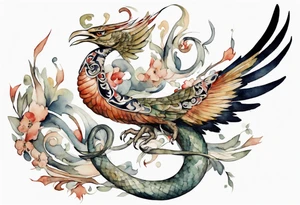 a watercolor of a bird-serpent hybrid wearing an iron crown, flying tattoo idea