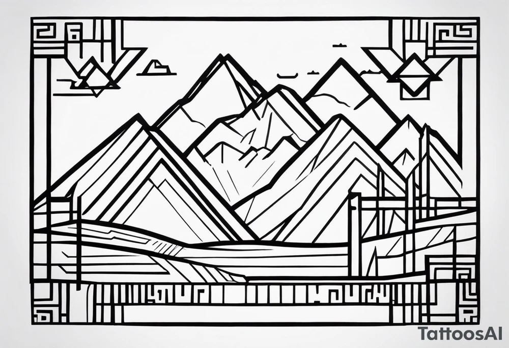 Create a tattoo design in a linear geometric art style depicting images associated with Peru, such as the Andes Mountains, Machu Picchu, llamas or traditional textile patterns. The tattoo should be done in a monochromatic black and white color scheme with clear outlines and minimal details to create an elegant and modern composition. tattoo idea