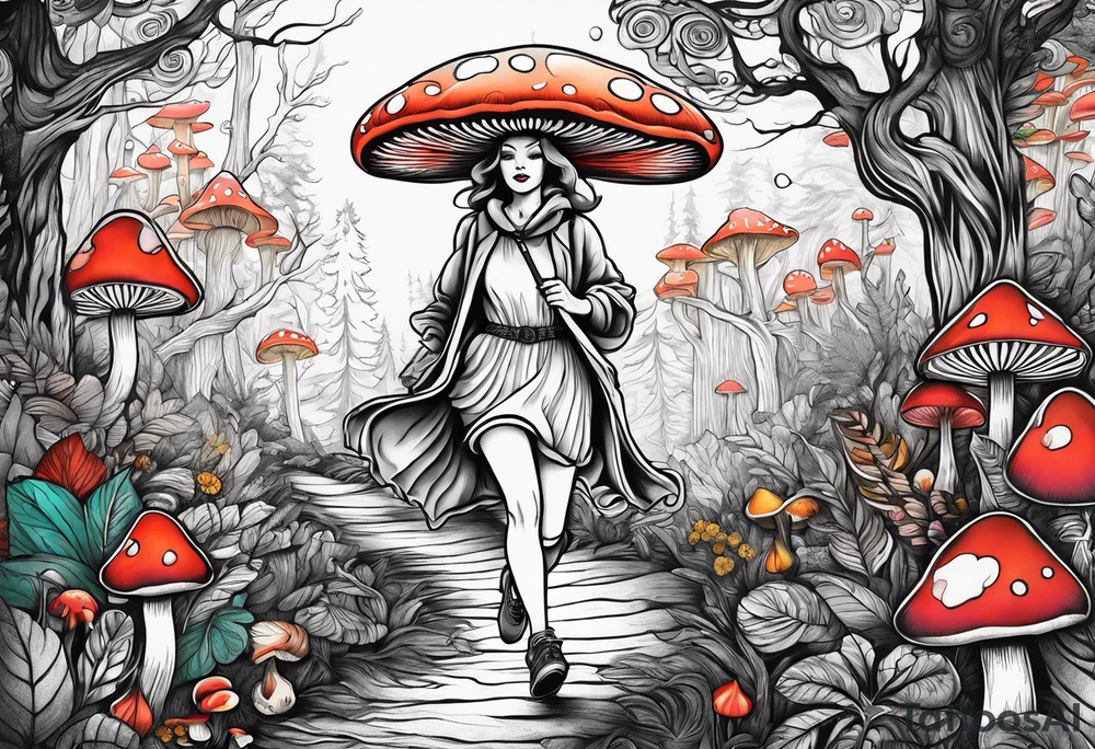 mushroom lady running naked in the woods tattoo idea