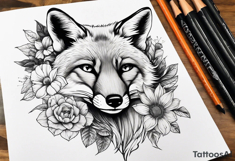 fox, realistic, face, flowers tattoo idea