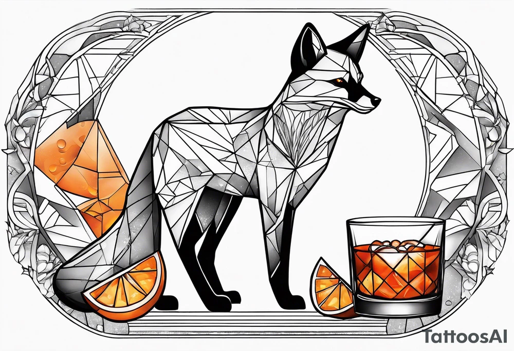Geometric disco fox with one Negroni in short lowball cocktail glass with ice and orange peel tattoo idea