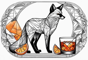 Geometric disco fox with one Negroni in short lowball cocktail glass with ice and orange peel tattoo idea