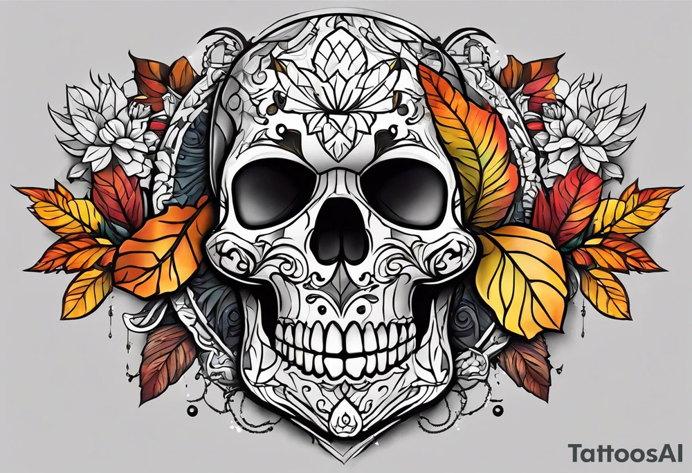 Knee tattoo with skull and fall colors tattoo idea