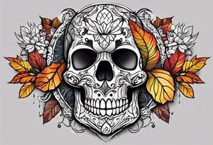 Knee tattoo with skull and fall colors tattoo idea