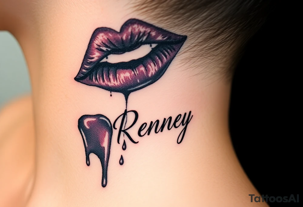 Seductive Stain from lipstick kiss with name Reney lowercase with drool tattoo idea