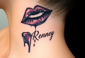 Seductive Stain from lipstick kiss with name Reney lowercase with drool tattoo idea