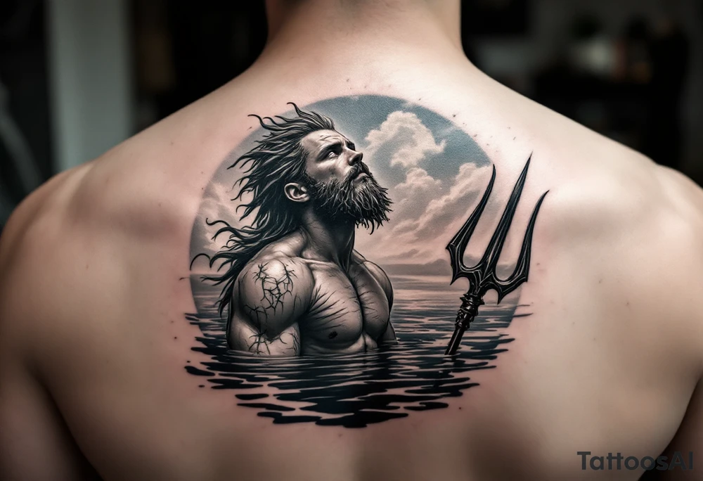 fit young poseidon, with trident, in calm water, looking at the sky tattoo idea