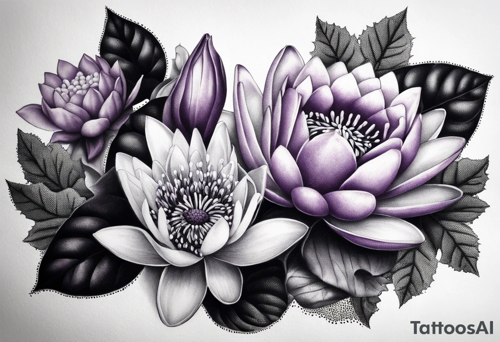 bouquet of violet, water lily, and holly tattoo idea