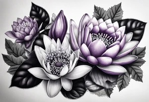 bouquet of violet, water lily, and holly tattoo idea