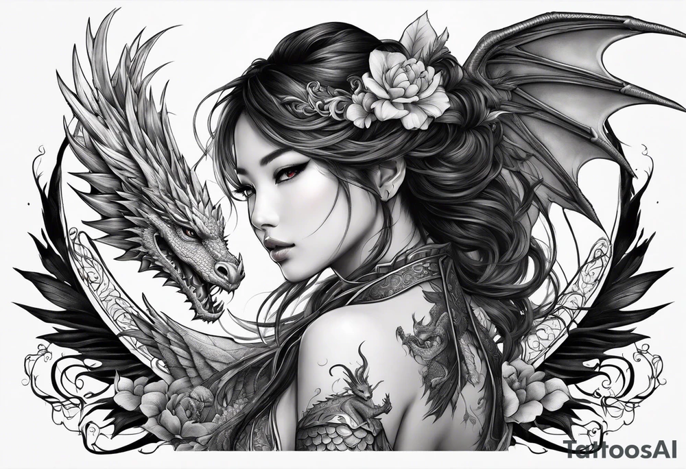 beautiful warrior nymph with dragon wings and dragon friend tattoo idea