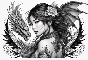 beautiful warrior nymph with dragon wings and dragon friend tattoo idea