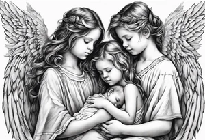 angels praying together. Three boy angels  and three girl angel, with their wings gently enfolding a baby angel in a protective embrace tattoo idea