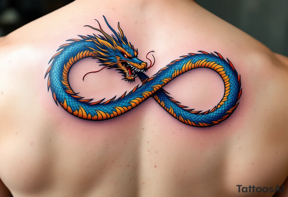 The design features a dragon coiled into the shape of the infinity symbol (sideways number "8"). The dragon is depicted eating its own tail, symbolizing eternity and continuity (Ouroboros-inspired).

Details:

The dragon's body should be slightly thicker for a more powerful and robust look.
Its vibrant blue scales should include subtle patterns in red and yellow, creating a striking contrast while maintaining elegance.
Style:

The dragon’s texture should remain smooth and glossy, emphasizing its detailed scales and flowing form.
The focus is entirely on the dragon, keeping the background minimalistic for a clean, modern aesthetic. tattoo idea