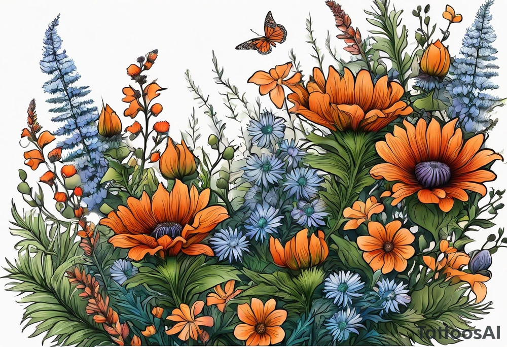 cascading wildflowers with thistles, ferns, burnt orange flowers all in color tattoo idea