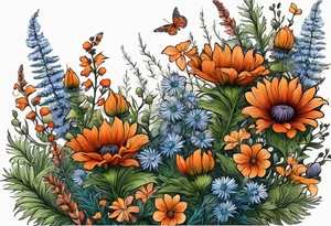 cascading wildflowers with thistles, ferns, burnt orange flowers all in color tattoo idea